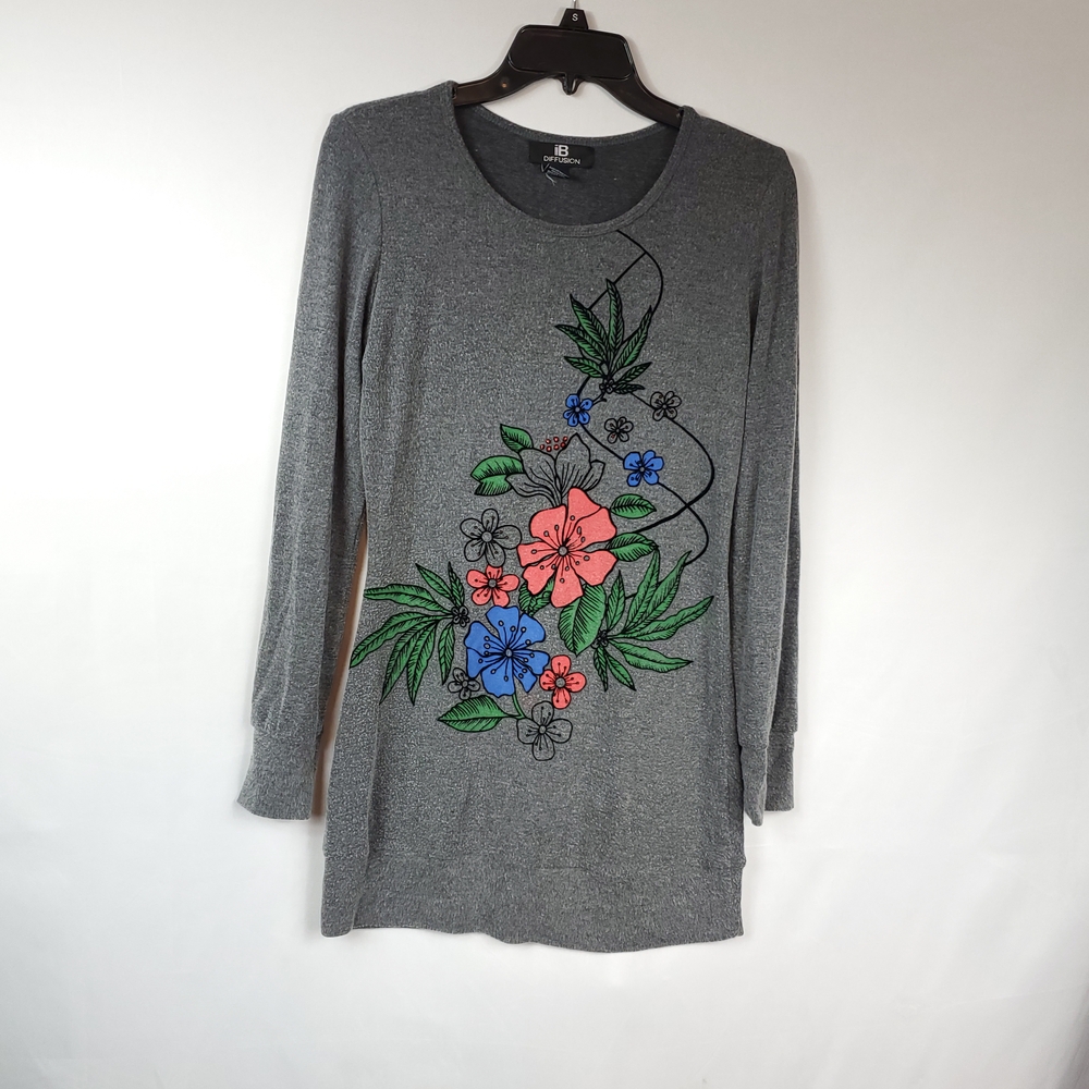 IB Diffusion Gray Floral Long Sleeve Mini Dress Long Top Sz Small